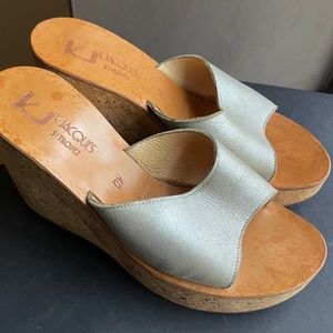 K Jacques St Tropez Silver Leather Cork Platform Slides